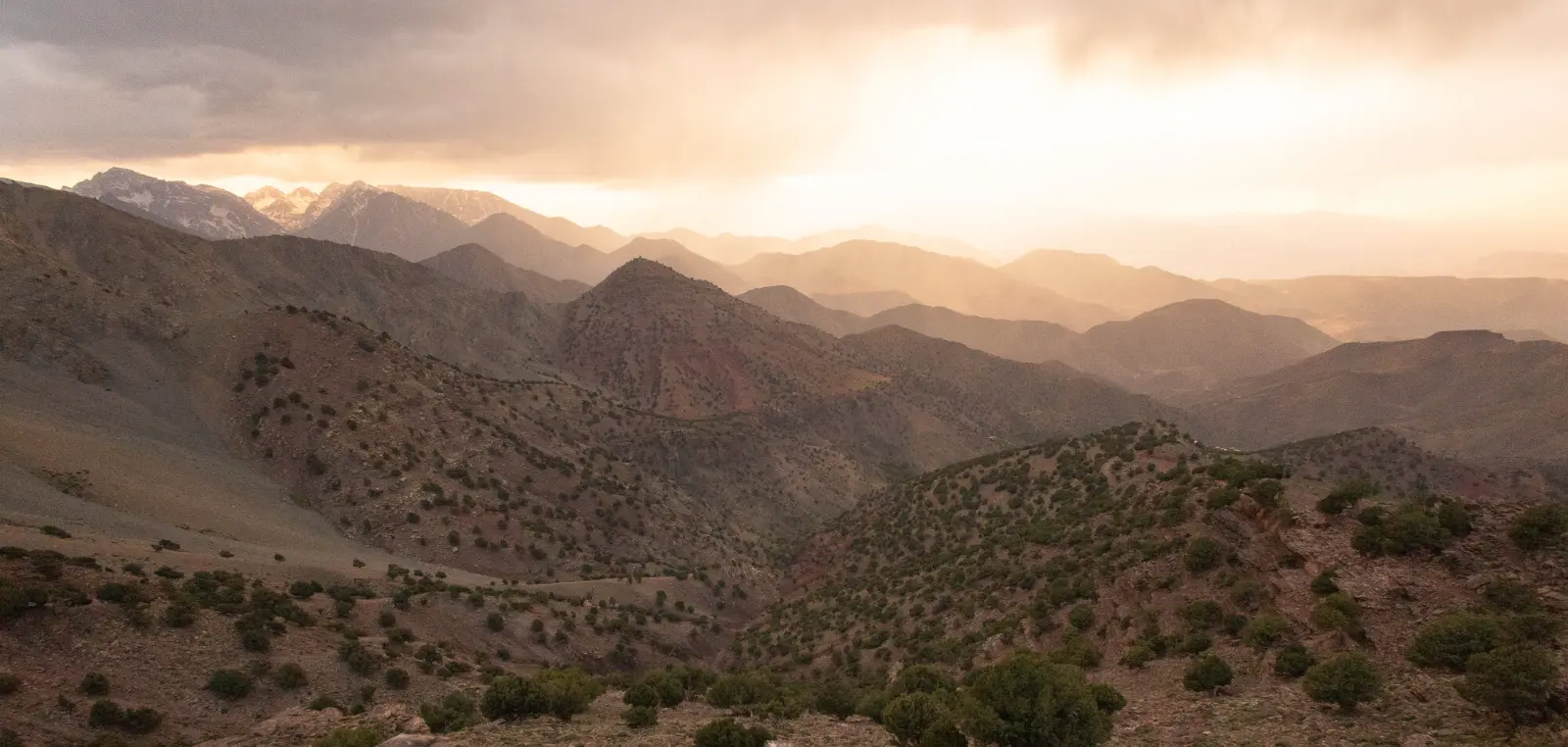 Ridges and valleys of southern Morocco at dusk, terrain of the next expedition